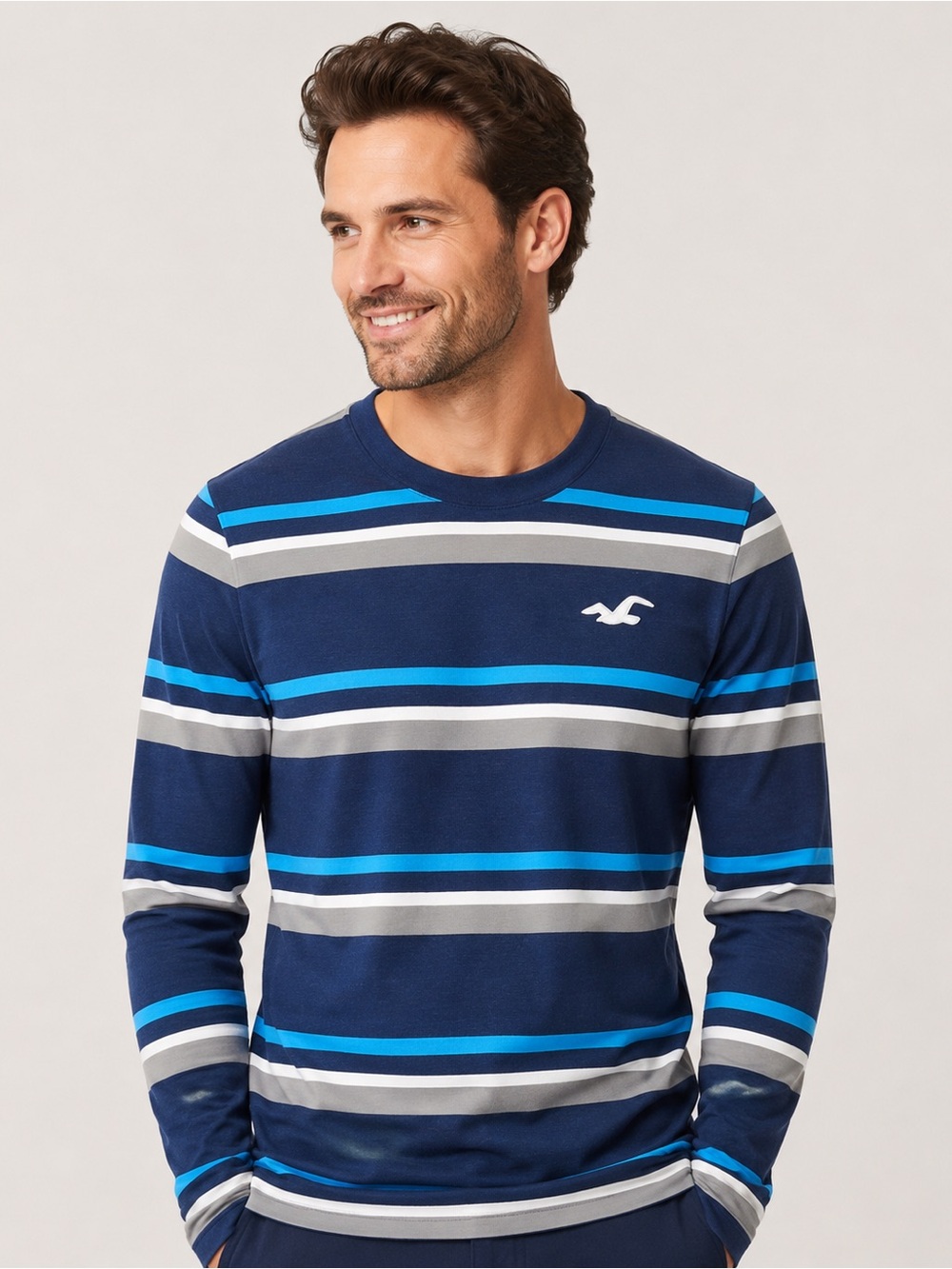 Hollister Men’s Large Long Sleeve Shirt Blue Gray White Striped Logo Crewneck